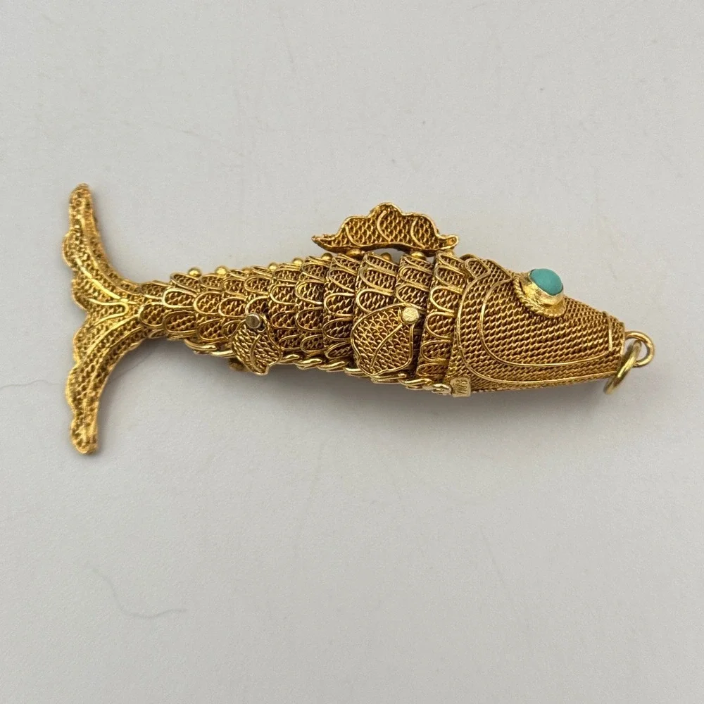 Vintage Chinese Export Silver Vermeil Articulated Koi Fish Pendant Turquoise Eye